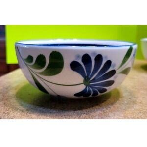 Dansk Set 2 Hand Painted Floral Ceramic Bowls Cobalt Blue Green White Folk Art